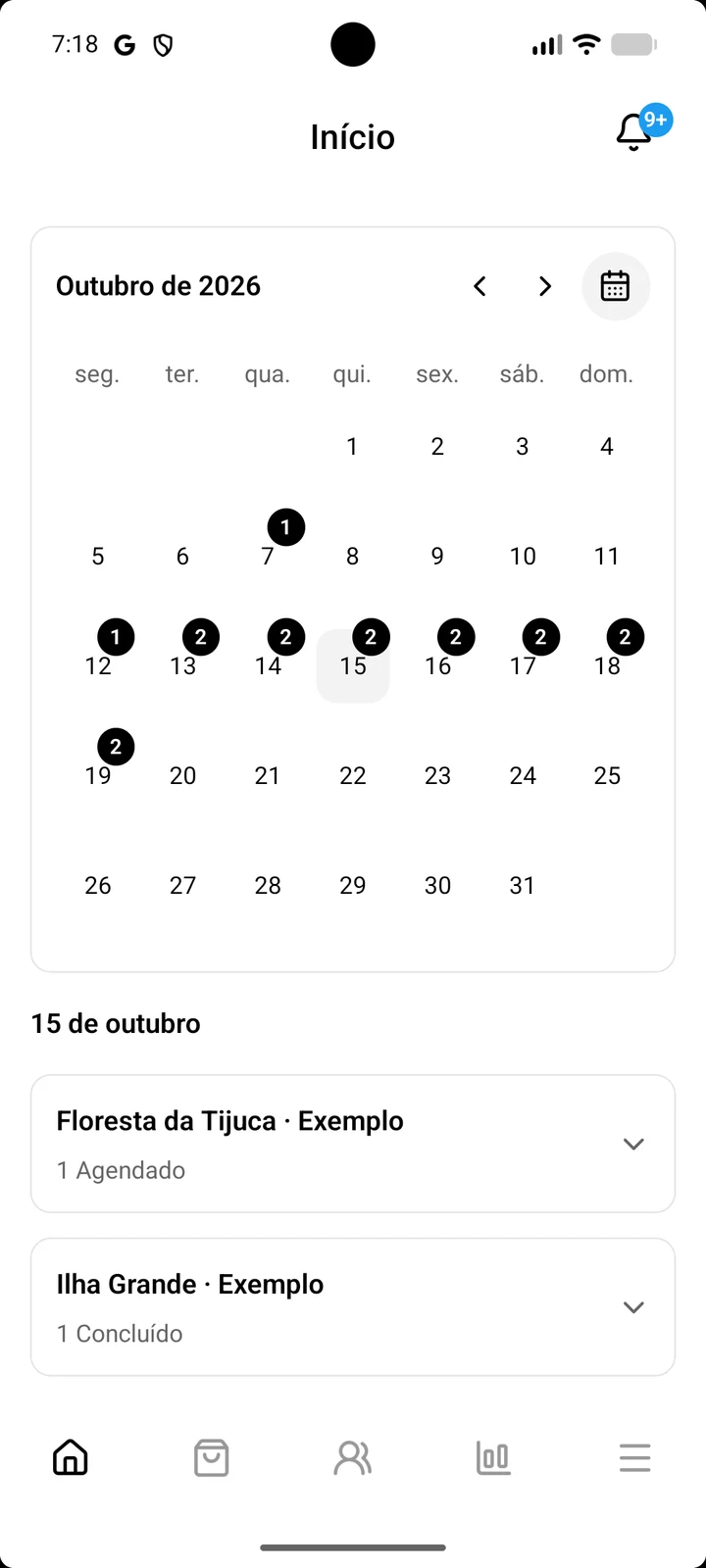 Captura do app GuideON: calendário e atividades do dia.
